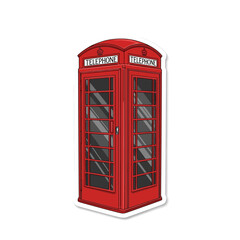 Obraz premium Vintage red British telephone booth vector, classic phone box illustration in EPS, iconic street kiosk for travel design