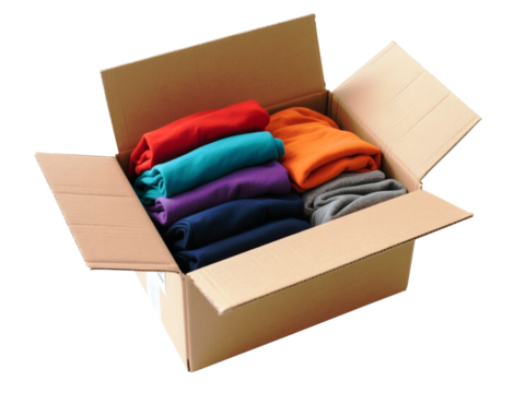 Cardboard Box Clothes Donation Colorful Fabric Textiles Packing Storage Shipping Container Folded Garments - Powered by Adobe