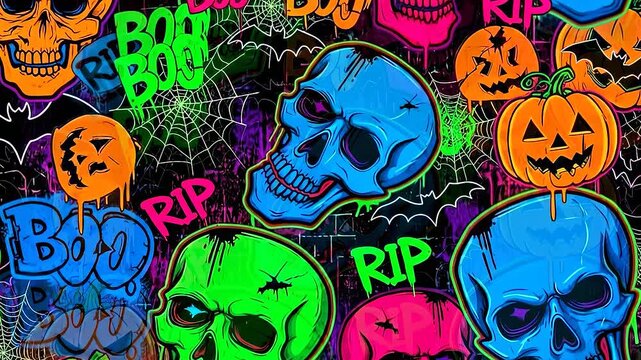 A vibrant, seamless Halloween pattern with neon skulls, jack-o'-lanterns, and graffiti.