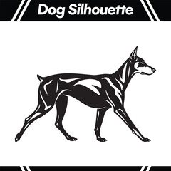 A sleek black silhouette of a Doberman Pinscher dog walking confidently across a white background.