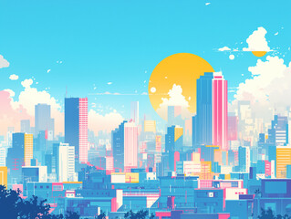 Fototapeta premium レトロでポップな1980年代風のカートゥーンスタイル都市風景イラスト。ピンク、黄色、ライトブルーなど柔らかな色彩で描かれた高層ビル群と太陽、雲が印象的。素材として活用可能で、線画のシンプルなタッチが余白を生かし、抽象的でおしゃれなデザイン背景にも使えるイラストレーション。