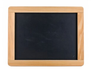A classic blank chalkboard with a light wooden frame isolated on a white background. An empty slate offering copy space for education, menus, or messages.