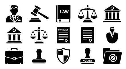 A collection of black glyph icons representing law, justice, and legal concepts like contracts, courts, and notaries.