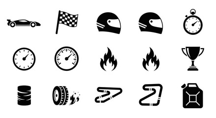 A collection of black silhouette icons representing car racing, including a race car, helmet, checkered flag, and trophy.