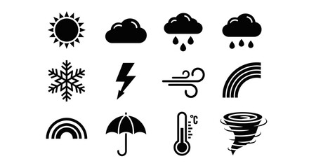A set of twelve black weather forecast icons including sun, cloud, rain, snow, wind, and tornado symbols.