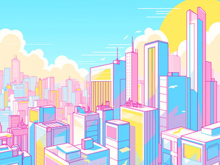 Fototapeta premium 1980年代テイストを思わせるカートゥーンスタイルの都市風景。ピンク、黄色、ライトブルーの淡い色合いで描かれた高層ビル群と太陽や雲をモチーフにした素材。線画でシンプルかつレトロポップな雰囲気を持ち、背景や余白を活かしたモダンデザインに最適なイラストレーション。