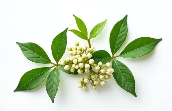Fresh green Litsea cubeba spice, known as herbal medicine from China, features closed buds, rich leaves on white background. This botanical illustration highlights plant natural growth, freshness.