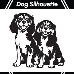 Two Cavalier King Charles Spaniels, sitting side-by-side, depicted in a stylized black and white silhouette.