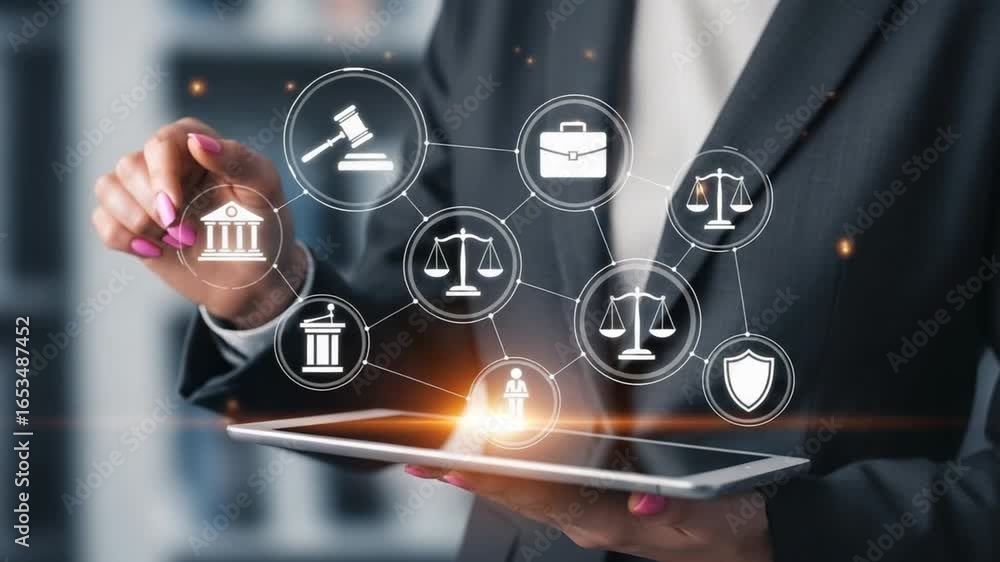 Poster person using tablet with law and justice icons floating above the screen in a digital interface