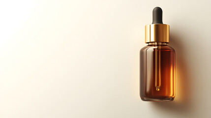 Naklejka premium Elegant glass bottle with golden dropper cap containing premium skincare serum, set against soft gradient background. minimalist design exudes luxury and sophistication