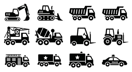 Collection of Black Silhouette Icons: Construction, Utility, and Emergency Vehicles
