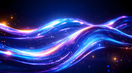 Obraz premium Vibrant digital artwork features flowing, glowing waves in shades of blue, purple, and orange, creating dynamic and futuristic atmosphere. abstract design evokes sense of motion and energy