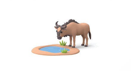 Stylized 3D Illustration of a Wildebeest Near a Waterhole.