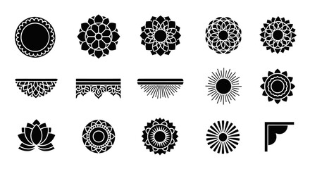 Geometric Black Silhouette Floral and Sun Icons with Decorative Elements