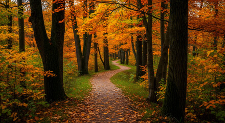 A serene pathway winds through an autumnal forest, where golden and amber leaves create a stunning visual symphony, inviting viewers to immerse themselves in the tranquility of nature's embrace and