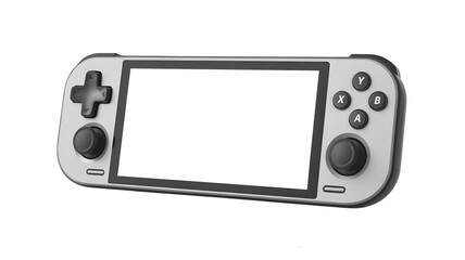 Modern handheld gaming device with buttons, joystick, and screen on black