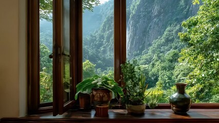 Serene Waterfall View From A Room With Lush Plants - Powered by Adobe
