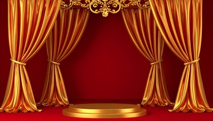 Ornate gold drapes enclose a round stage