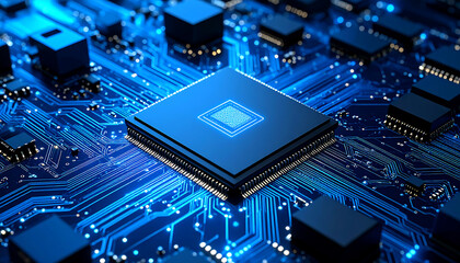 Abstract Close-up of a Central Processing Unit, glowing blue circuitry, technological innovation, digital future, high-tech concept, modern computer hardware.