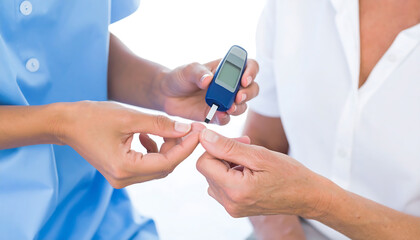 Nurse assisting senior patient with blood glucose test using digital glucometer; healthcare, medical, diabetes, close-up, compassionate mood.