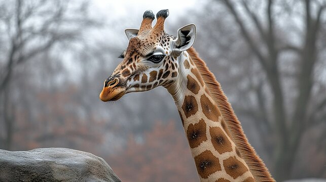 Giraffe head and neck against a blurred background of trees and foliage.