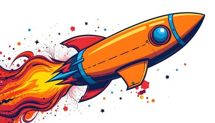 a colorful comic style of a retro rocket in orange and navy leaving colorful exhaust on a white background with plenty of space around.