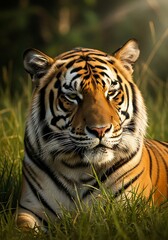 Obraz premium Majestic tiger portrait amidst tall grass illuminated by sunlight adding warmth to the scene