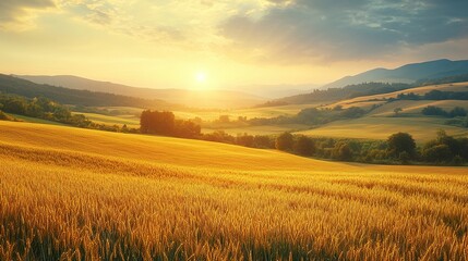 Obraz premium Golden field with mountains and a building under a bright sunset or sunrise.