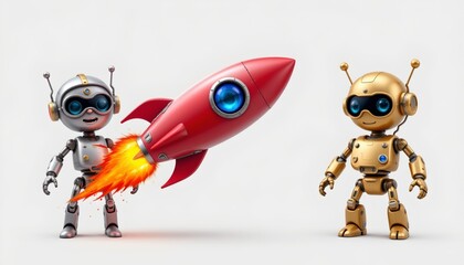 rocket with eyes rendered as a child friendly illustration with followed by playful robots in metallic silver and gold, isolated on clean white background.