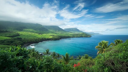 Discover stunning tropical paradise with lush green mountains meeting vibrant blue ocean waters in Hawaii