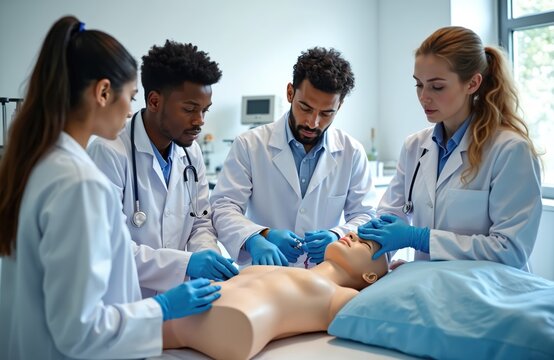 Medical students in white coats practice resuscitation technique on CPR dummy. Diverse team learns healthcare emergency response, honing skills in simulated clinic hospital setting with instructor