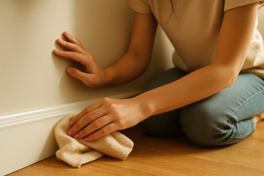 Woman cleaning baseboard with cloth, kneeling on wooden floor, showing hands wiping wall surface for household maintenance