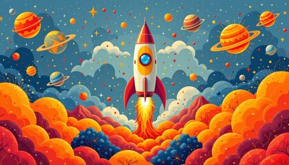 whimsical art depicting a colorful firework rocket with accompanied by floating planets and orange and navy palette, centered on white with negative space.