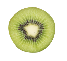 Close-up of fresh kiwi slice with black seeds and central core isolated on a white background