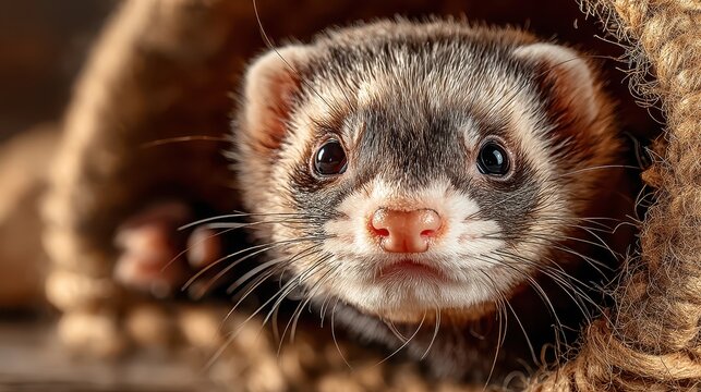 Close-up of a curious ferret peeking out from a cozy woven basket, showcasing its expressive eyes, soft fur, and playful demeanor, perfect for animal lovers