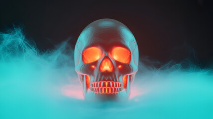 A glowing skull surrounded by smoke, creating a spooky and mysterious atmosphere