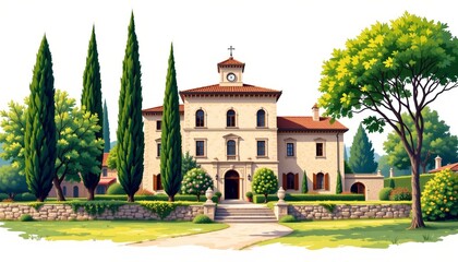 Fototapeta premium a bright travel illustration of a romanesque villa with cypress trees, isolated on a white background with ample space around.
