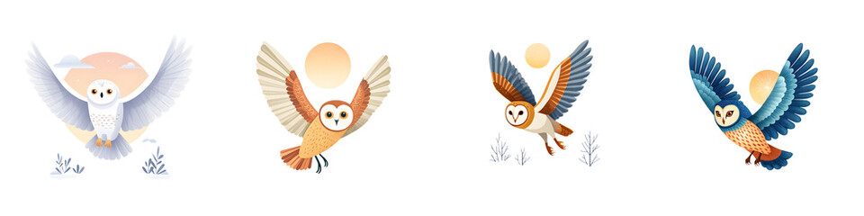 Stylized Owl Collection: Four Watercolor Style Flying Owls with Sun on White