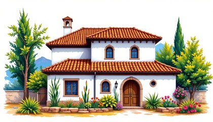 Obraz premium alhambra inspired house with terracotta roof tiles painted in bright travel illustration on a white background, subject not filling the frame.