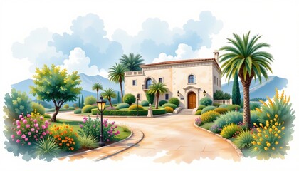 Fototapeta premium nile side villa with lantern lit paths painted in romantic watercolor on a white background, subject not filling the frame.