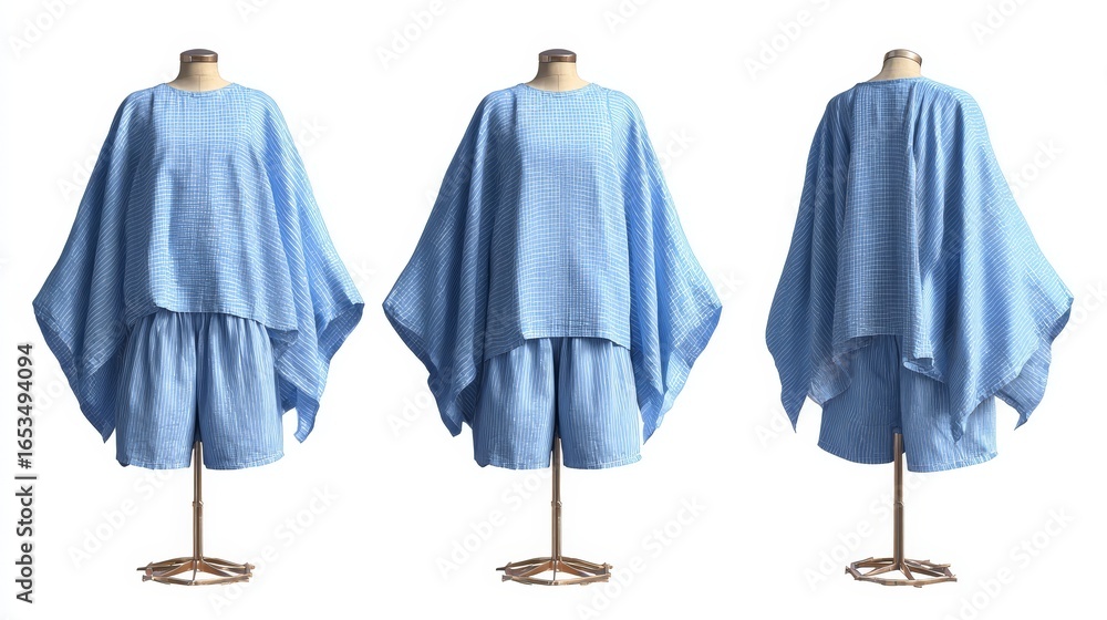 Poster A detailed and artistic rendering showcasing the texture and form of three distinct blue ponchos in a row for a conceptual presentation