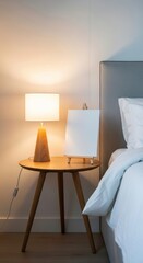 A bedside table with a lamp and a blank canvas next to a bed in a minimally decorated bedroom space
