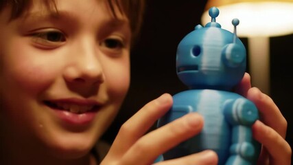 Young boy examining small blue robot toy with curiosity in indoor setting