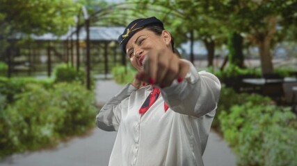 Woman air hostess pointing finger in park wearing white shirt, blue cap, and red scarf amid leafy green trees; confidence.