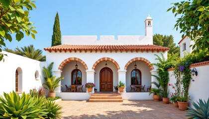 Fototapeta premium a bright travel illustration of a andalusian home with arched doorways, isolated on a white background with ample space around.