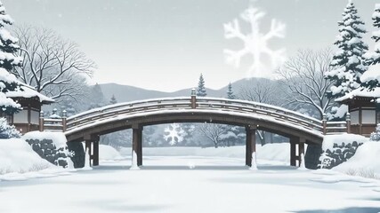 Serene anime scenery of a wooden bridge in snowy winter landscape with falling snowflakes - Powered by Adobe