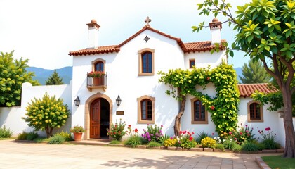 Fototapeta premium a bright travel illustration of a spanish colonial house with whitewashed walls, isolated on a white background with ample space around.
