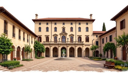 Naklejka premium a detailed architectural art of a italian palazzo with a cobblestone courtyard, isolated on a white background with ample space around.