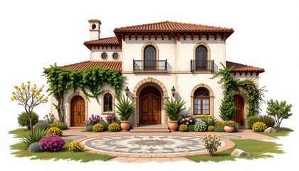 Fototapeta premium a detailed architectural art of a alhambra inspired house with a mosaic patio, isolated on a white background with ample space around.