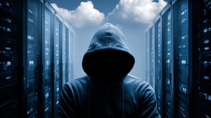 A solitary anonymous figure wearing a dark hooded jacket stands within a futuristic server room surrounded by racks of glowing computer hardware and complex network cables
